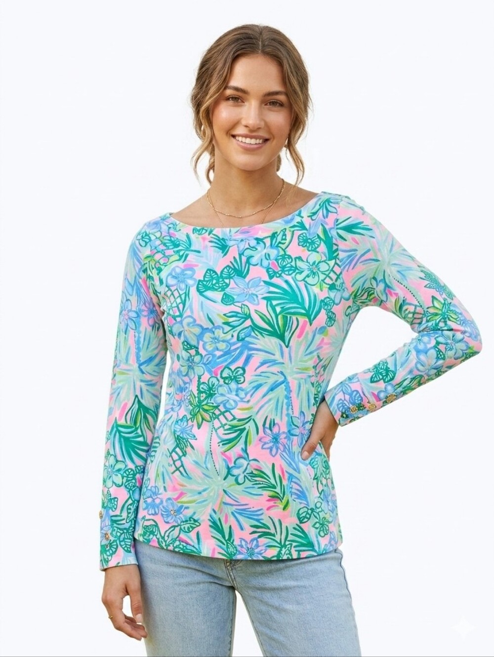 Lilly Pulitzer Finn Floral Tropical Boatneck Long-Sleeve Top